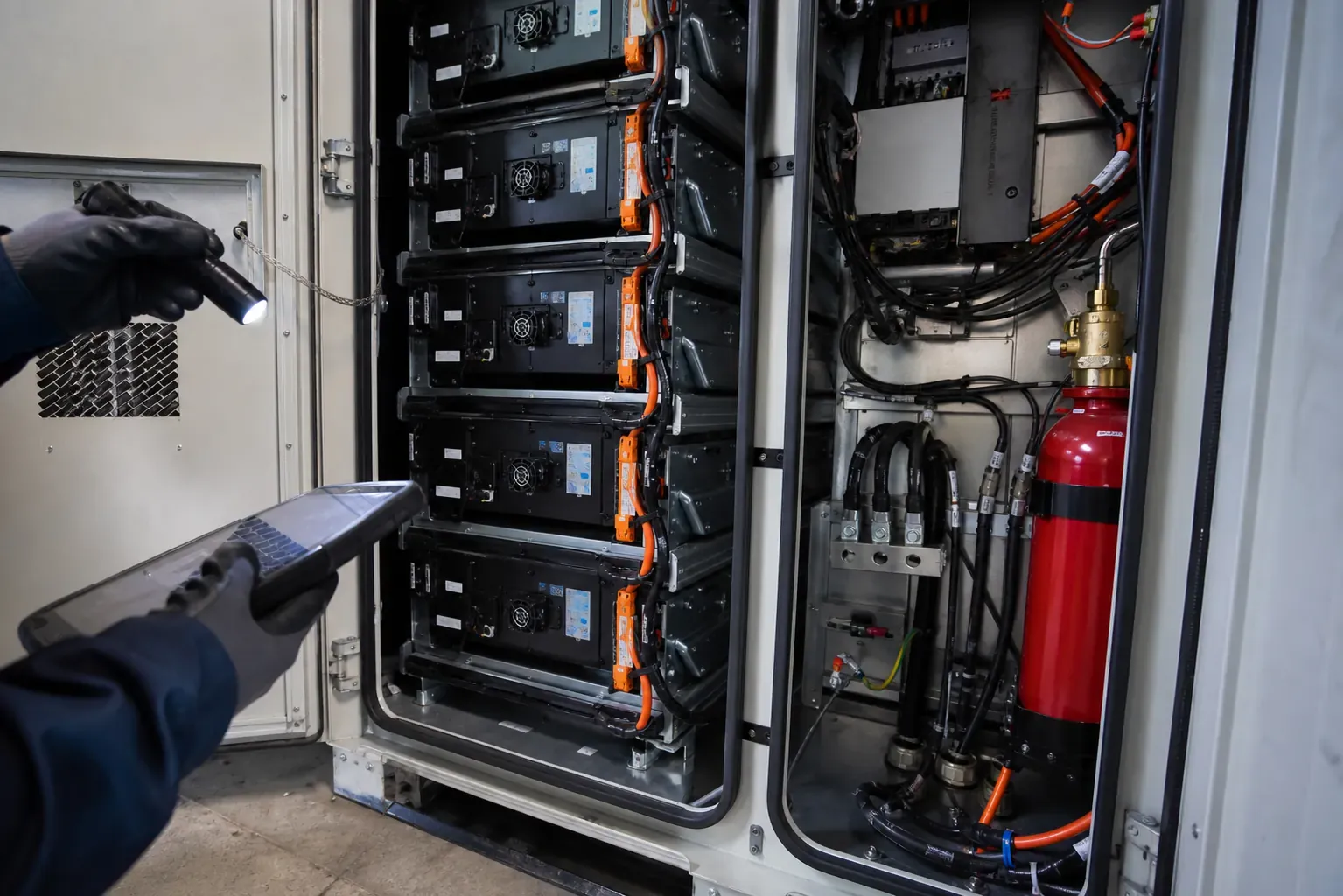 Technician inspecting an air-cooled commercial battery cabinet interior