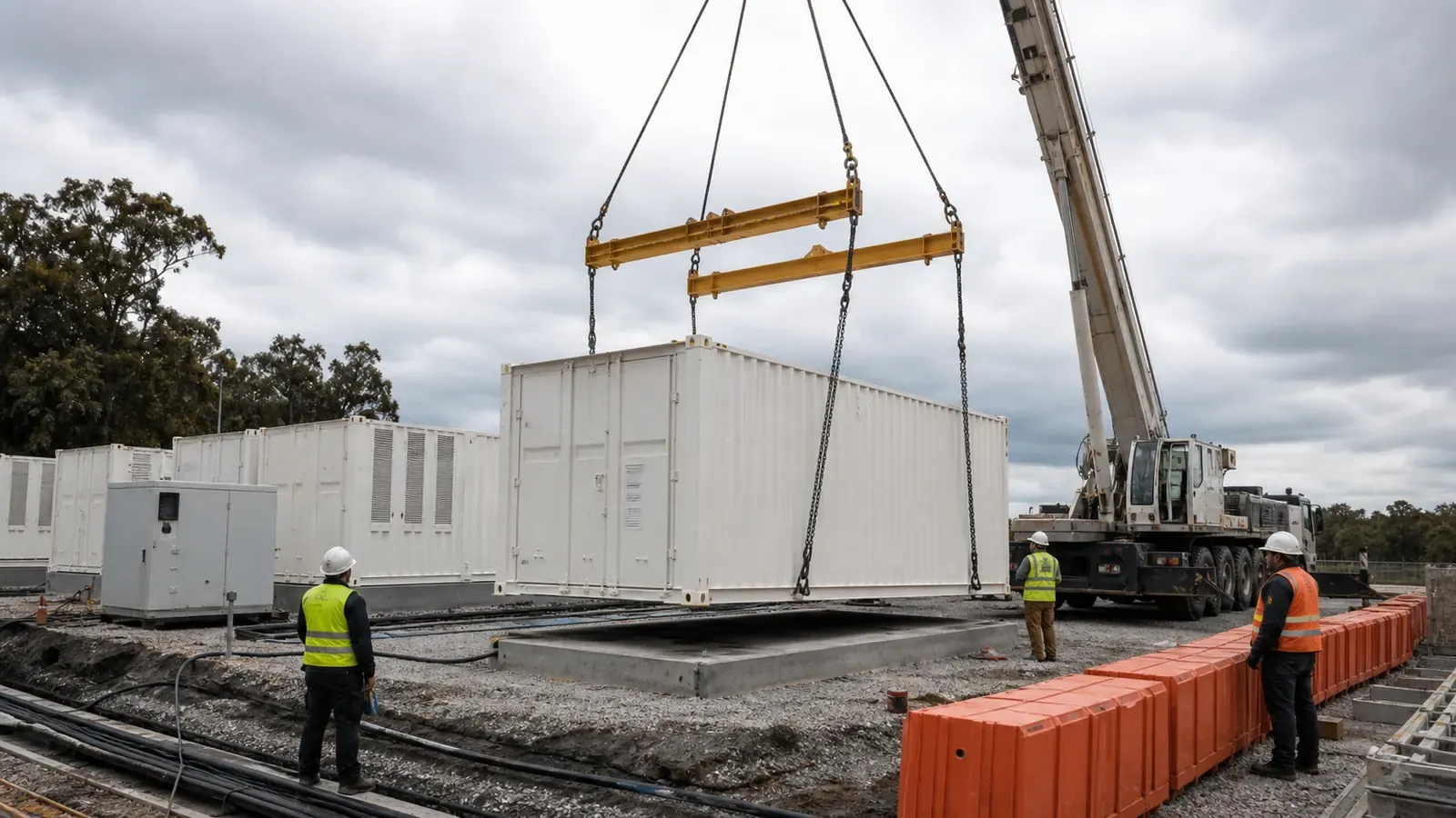 Representative battery storage container lifting and installation