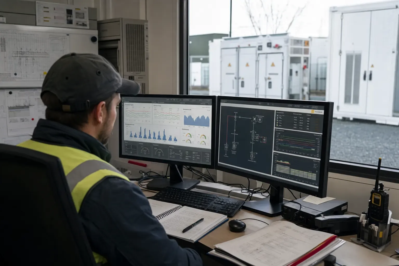 Engineer monitoring battery, solar and site-load data