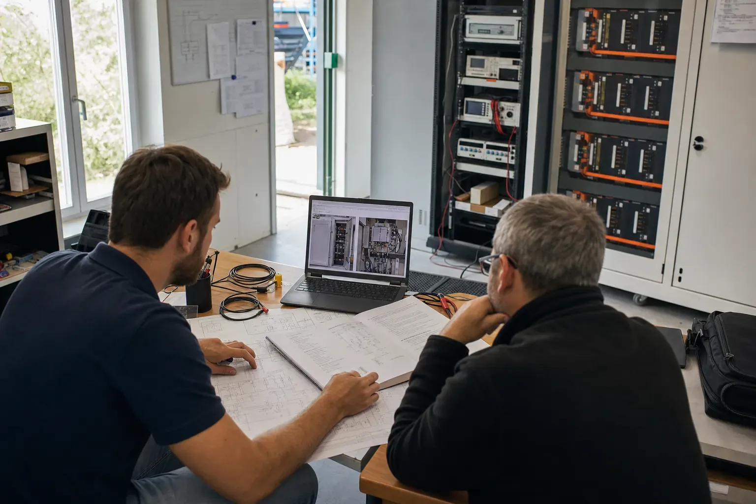 Engineers reviewing an energy storage system design