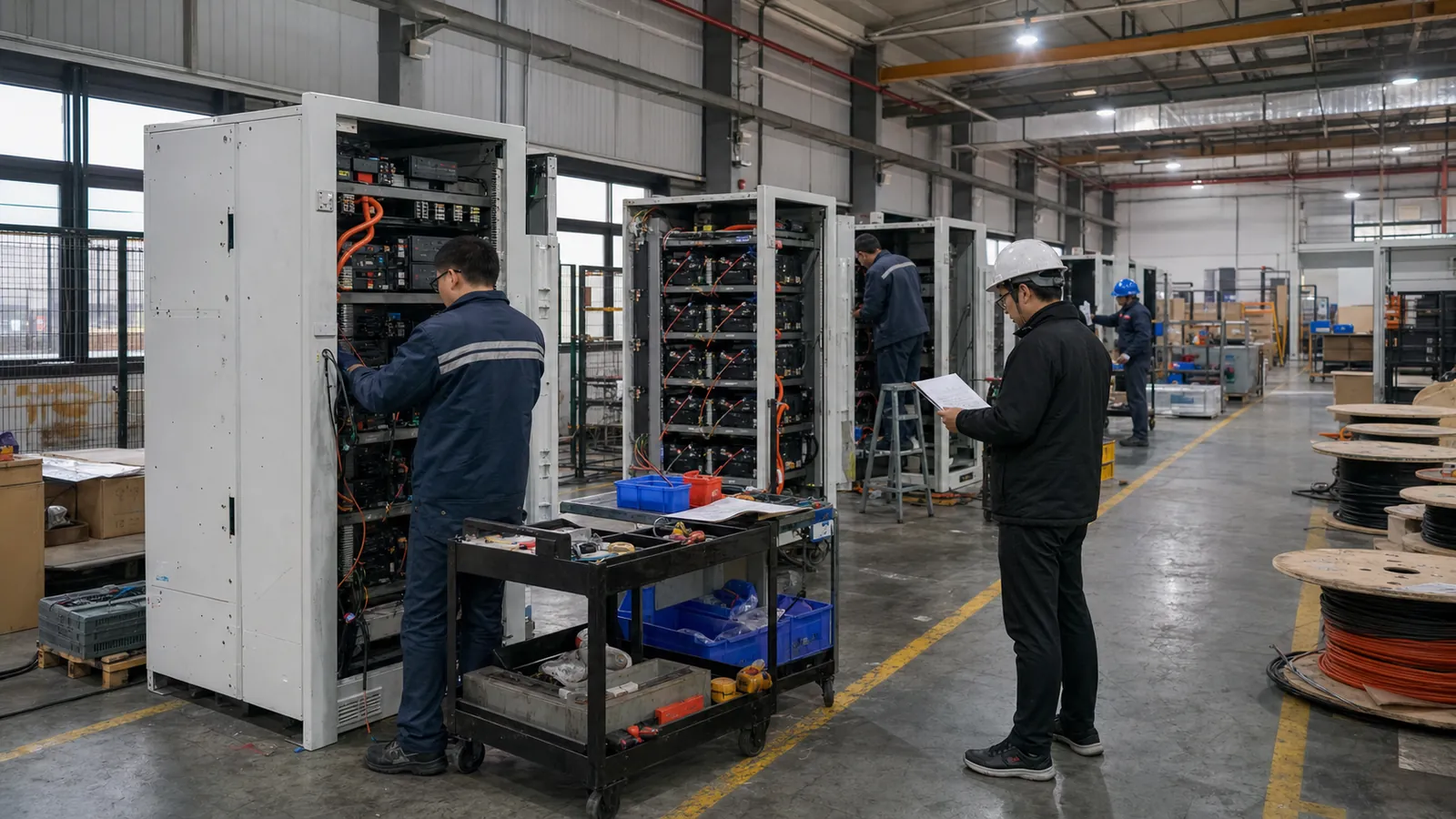 Representative energy storage cabinet manufacturing floor during normal production
