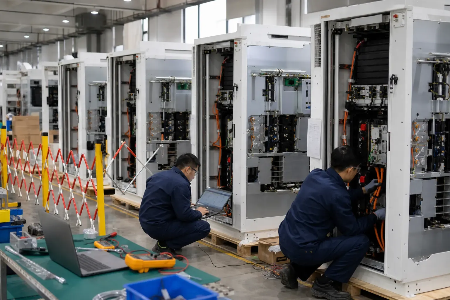 Engineers testing a battery module in a controlled laboratory
