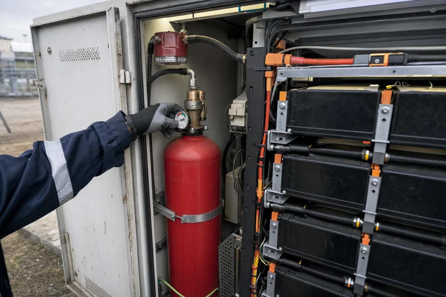 Representative integrated fire-suppression inspection inside an energy storage cabinet