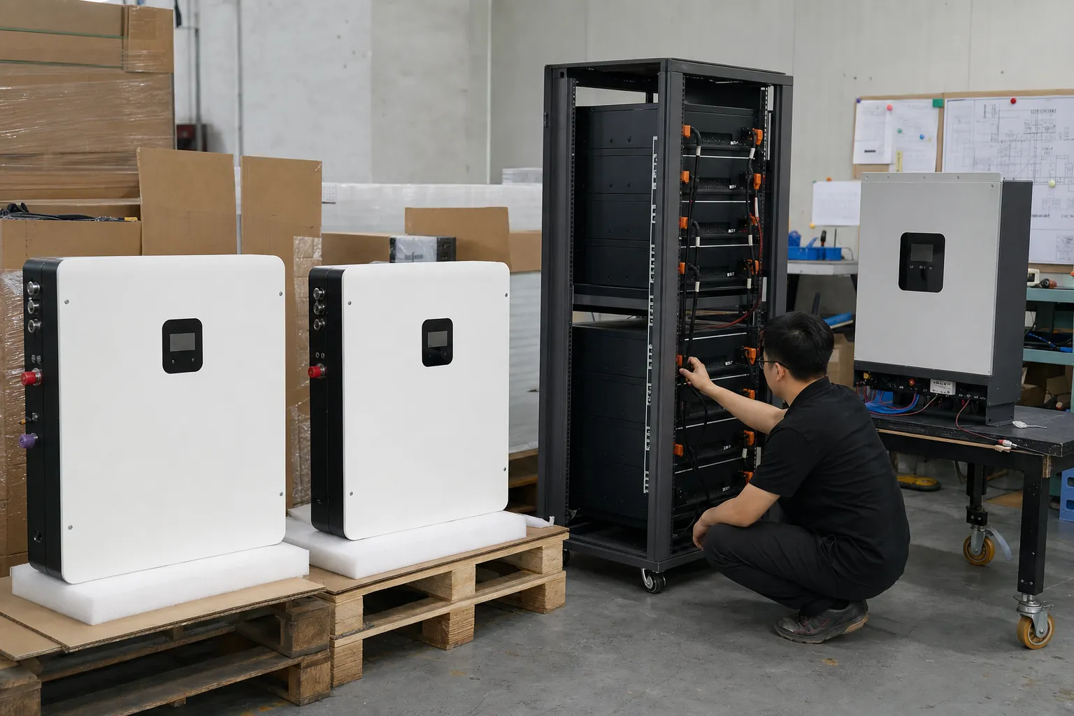 Representative home battery and inverter equipment during quality inspection