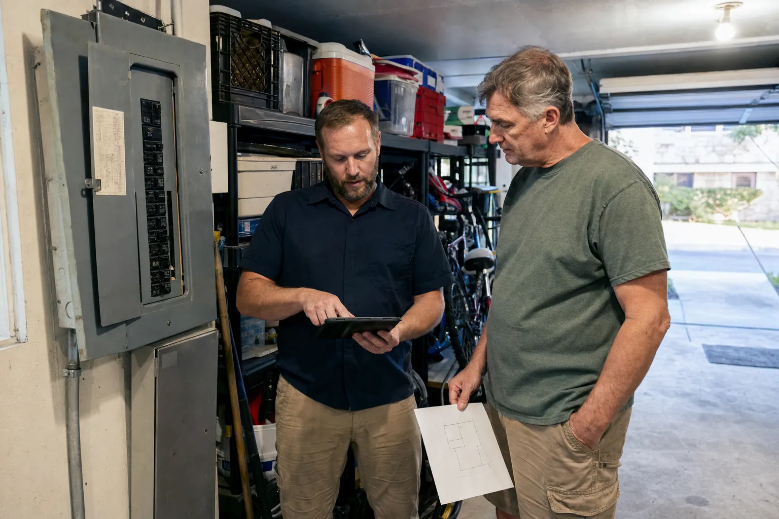 Homeowner and installer reviewing backup needs beside the electrical panel