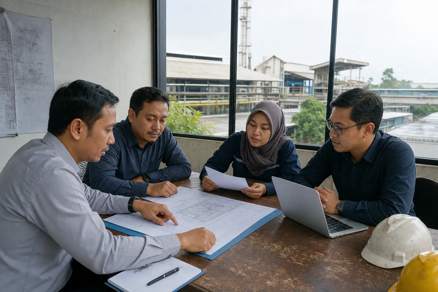 Representative Indonesian engineering and client team reviewing a project plan