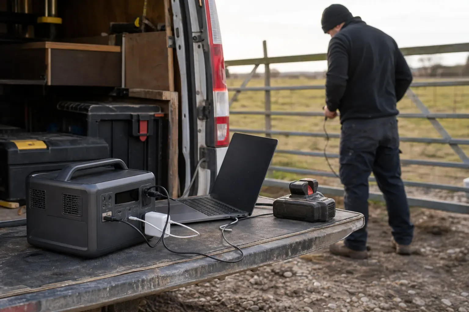 Installer checking a wheeled home backup battery installation