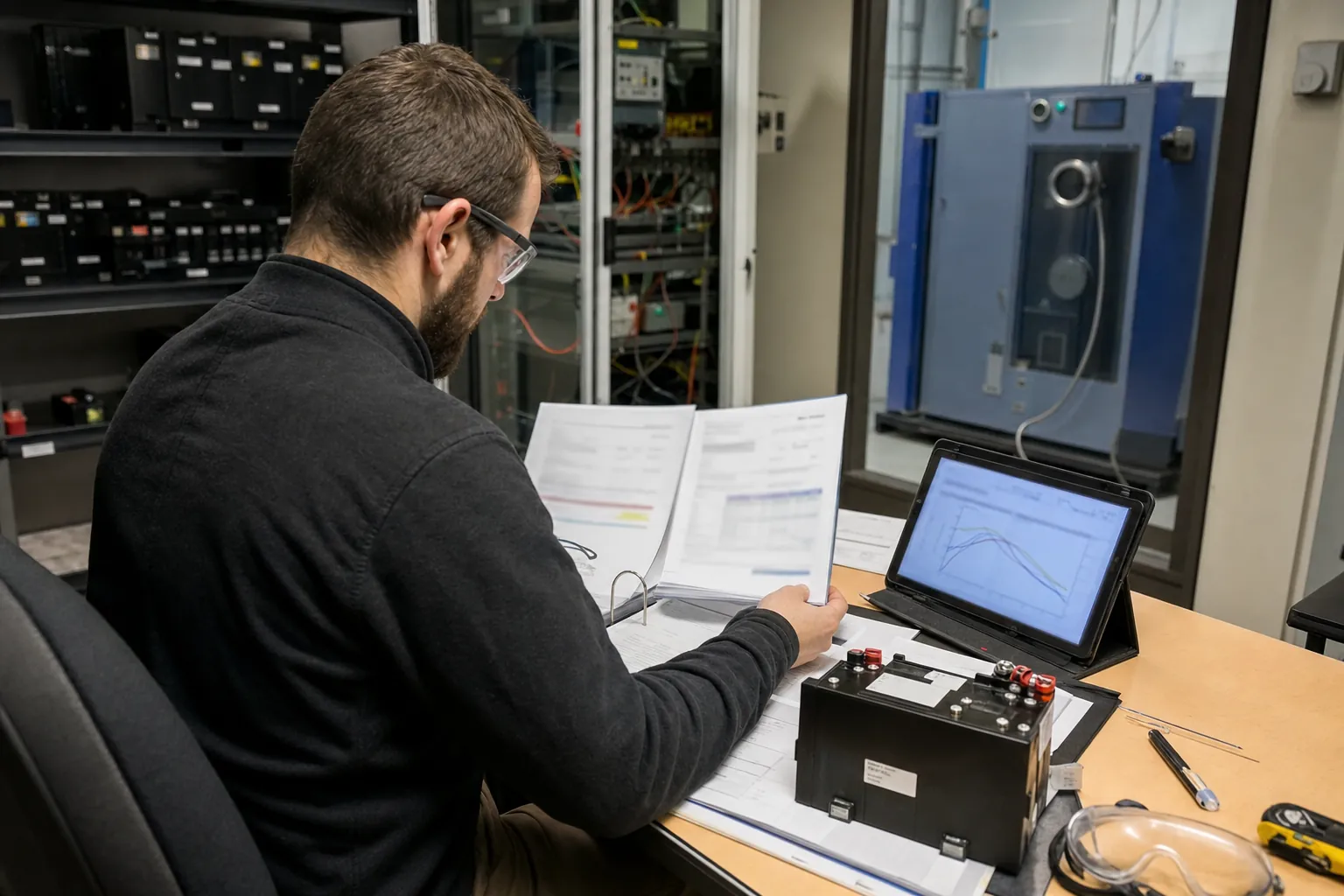 Quality engineer reviewing certification records and test evidence