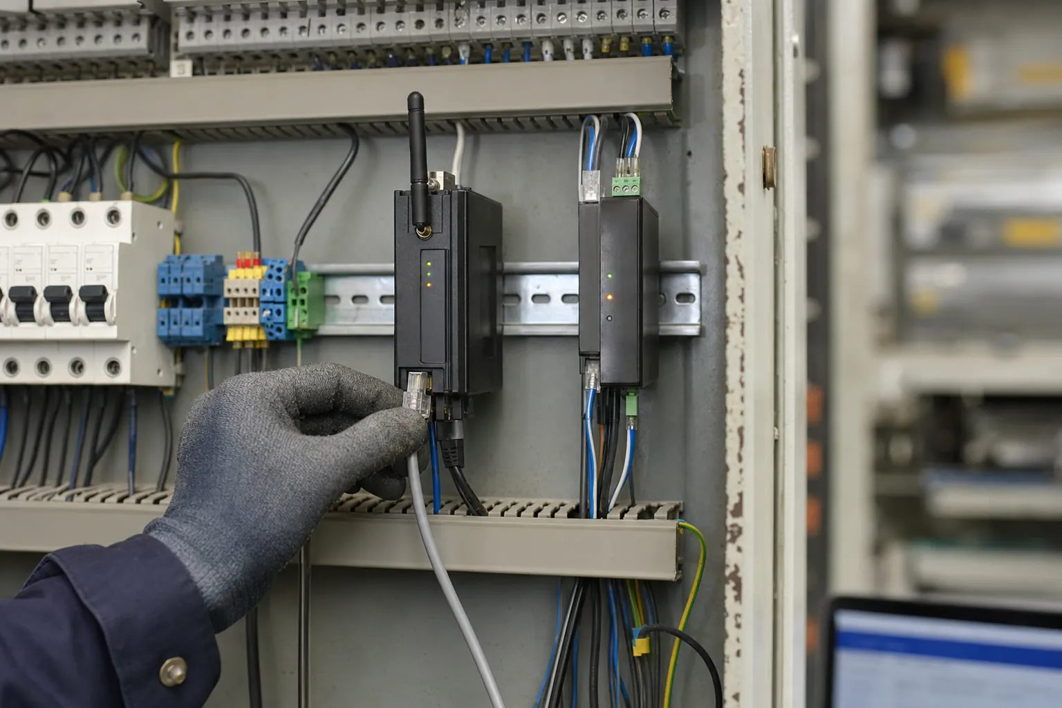 Engineer commissioning an energy-management gateway in a control panel