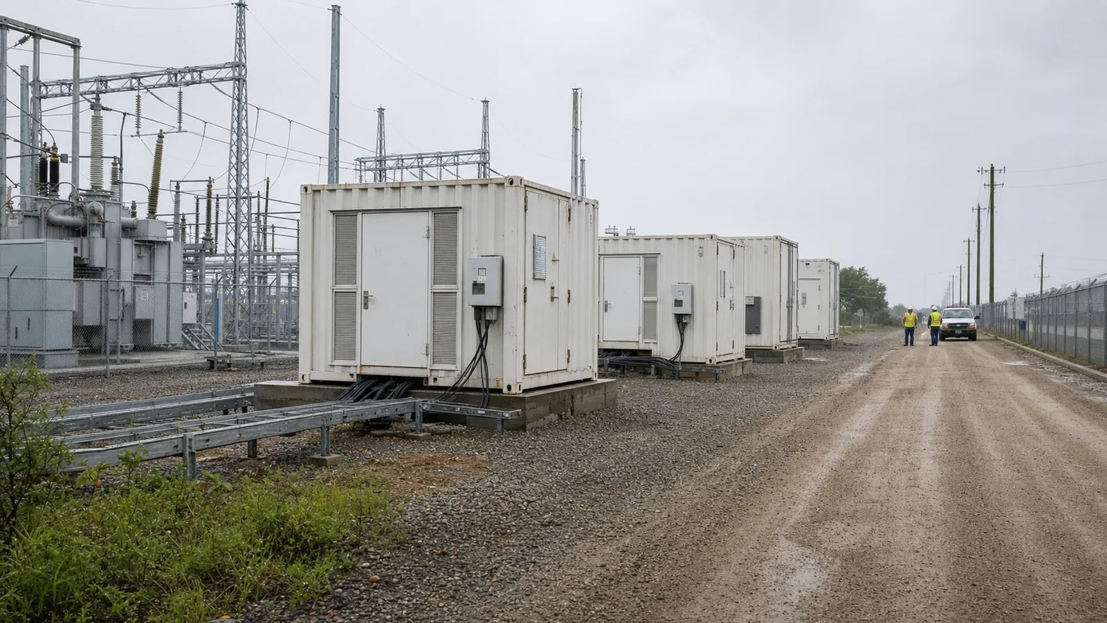 Battery storage containers operating beside a tropical utility substation