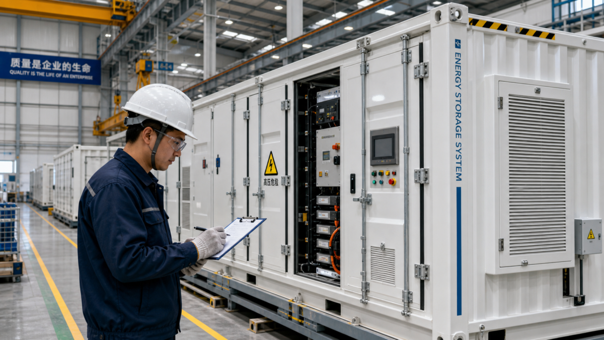 Engineer in a hard hat carefully inspecting an energy storage container at a factory production line.