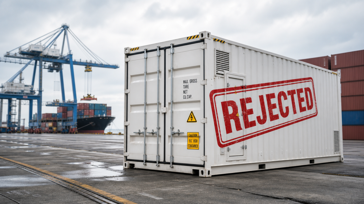Shipping container with a bright red REJECTED stamp sitting isolated on a commercial shipping dock.