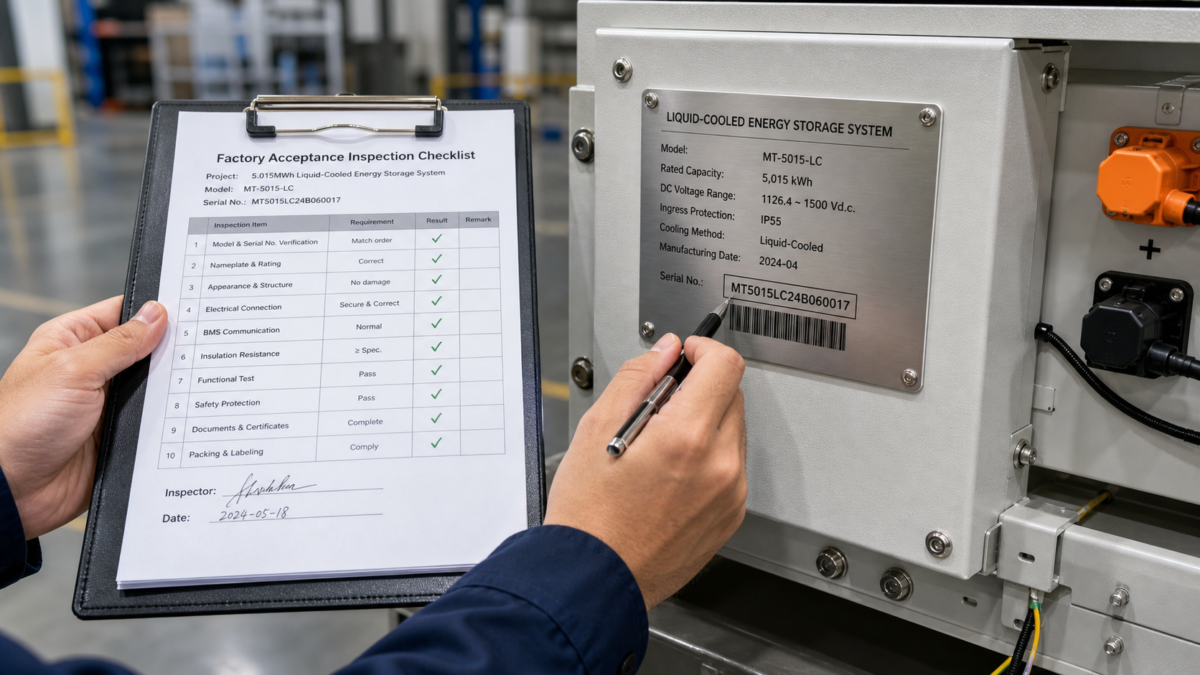 A close-up of an inspector's hands holding a checklist against a battery module's serial number plate.