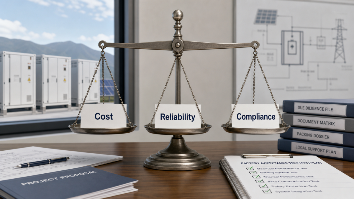 A three-pan balance scale with 'Cost', 'Reliability', and 'Compliance' labels, held in perfect equilibrium.