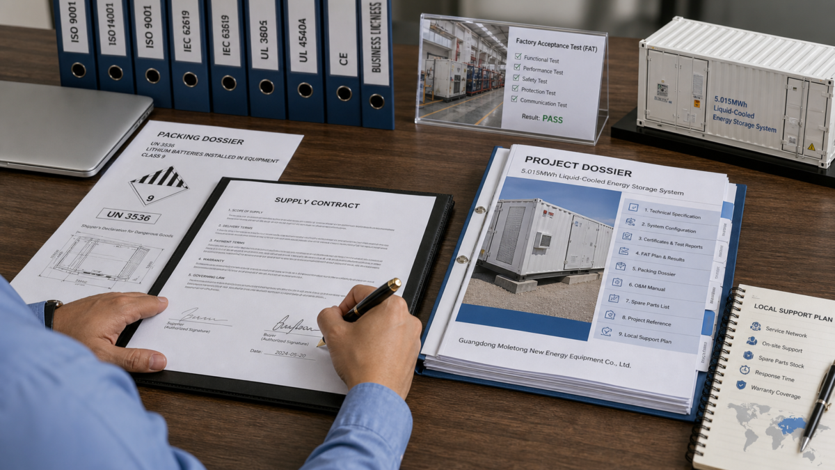 A signed contract and a detailed project dossier laid out on an engineer's desk.