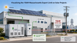 A diagram showing a factory with solar panels and a battery system connected to the grid with a 15kW export limit sign.