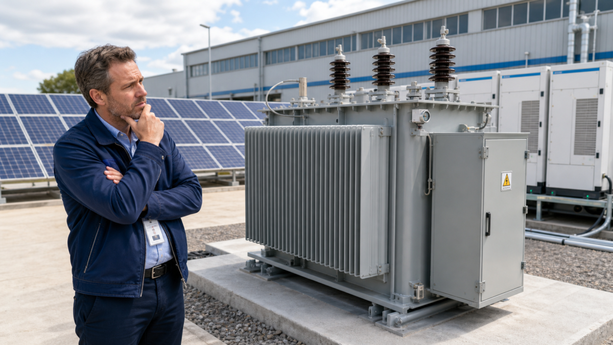 A factory manager looking confused at a large transformer with solar panels and a battery system in the background.