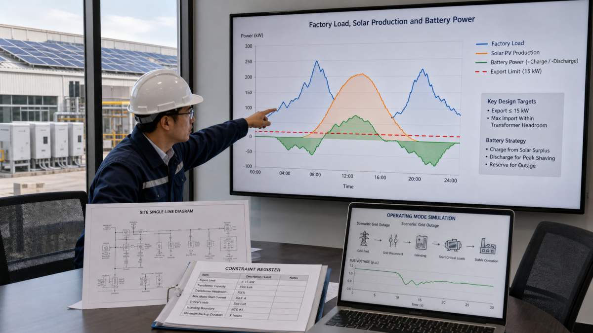An engineer pointing to a chart comparing a factory's load profile against its solar production and battery capacity.