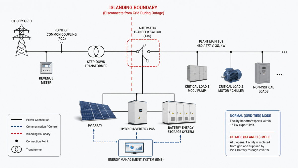 A single-line diagram highlighting the islanding boundary where a factory disconnects from the grid during an outage.