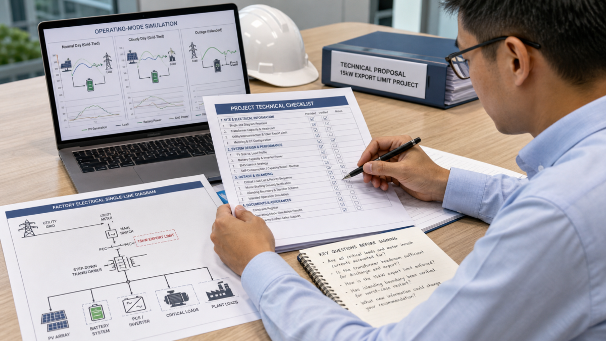 A project manager reviewing a detailed technical checklist and single-line diagram before a contract signing.