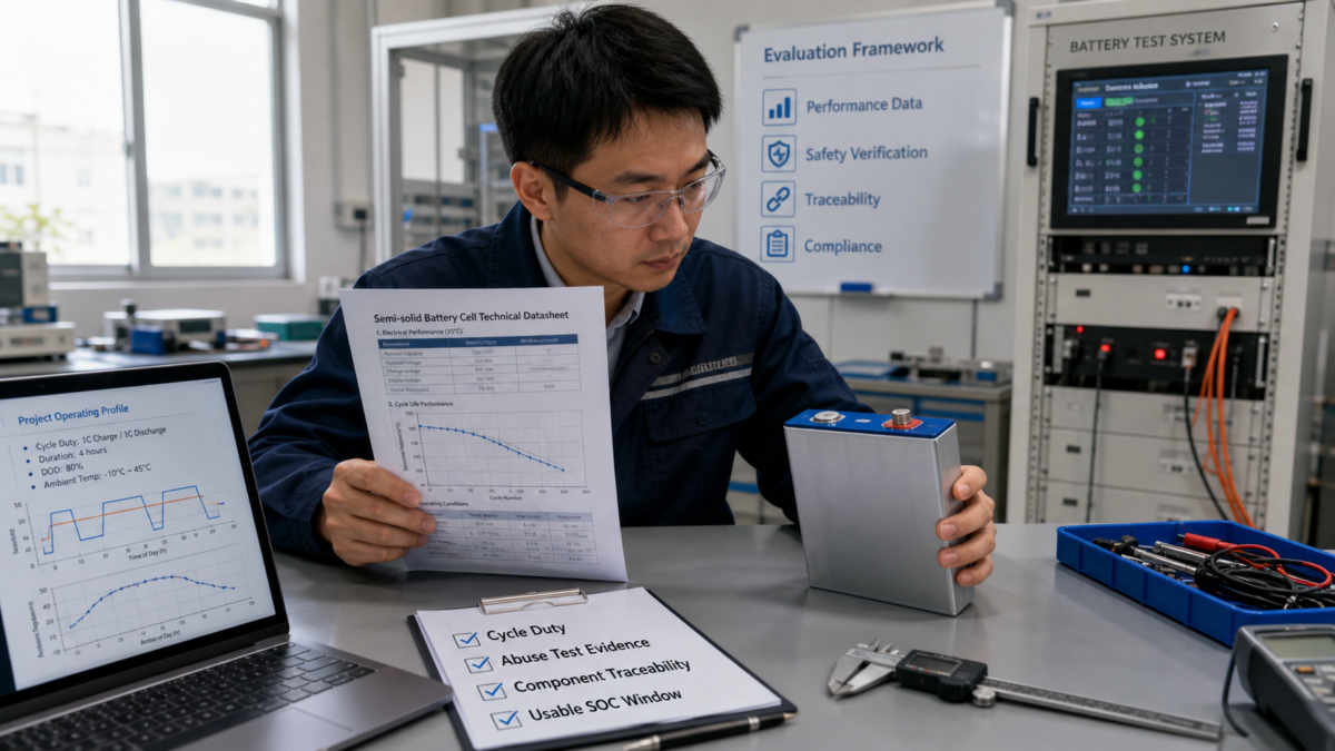 An engineer carefully comparing a semi-solid battery cell's datasheet with the physical cell on a workbench.