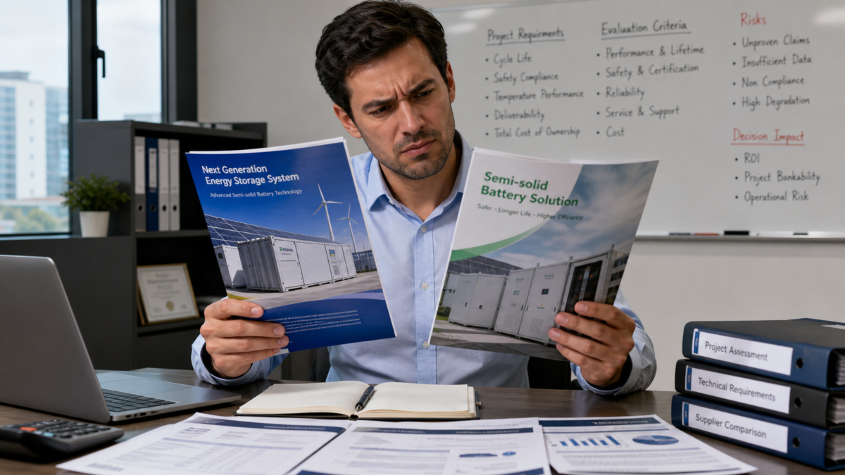 A project developer looking frustrated while comparing two different glossy marketing brochures for energy storage systems.
