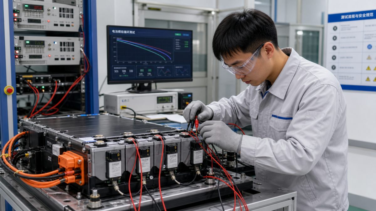 A lab technician connecting sensors to a battery module that is undergoing a performance cycle test.