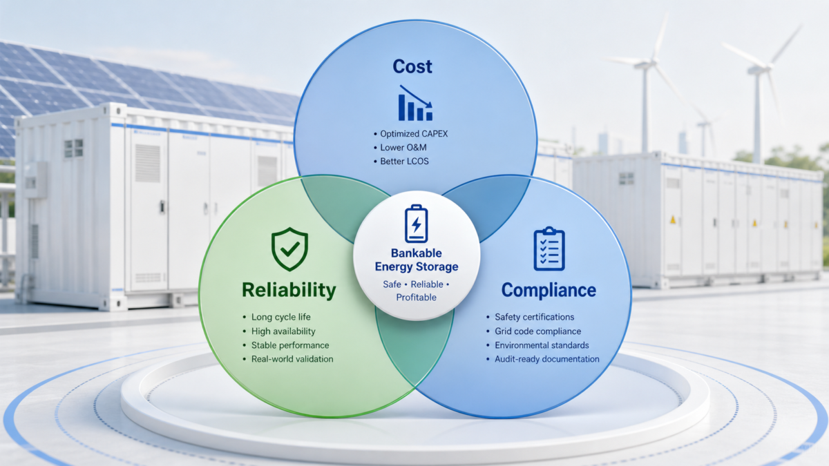 A visual diagram showing three overlapping circles labeled Cost, Reliability, and Compliance, all supporting a central point.