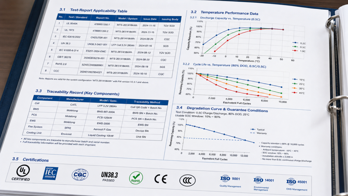 A close-up of a professional technical proposal document showing detailed charts, data tables, and certification logos.