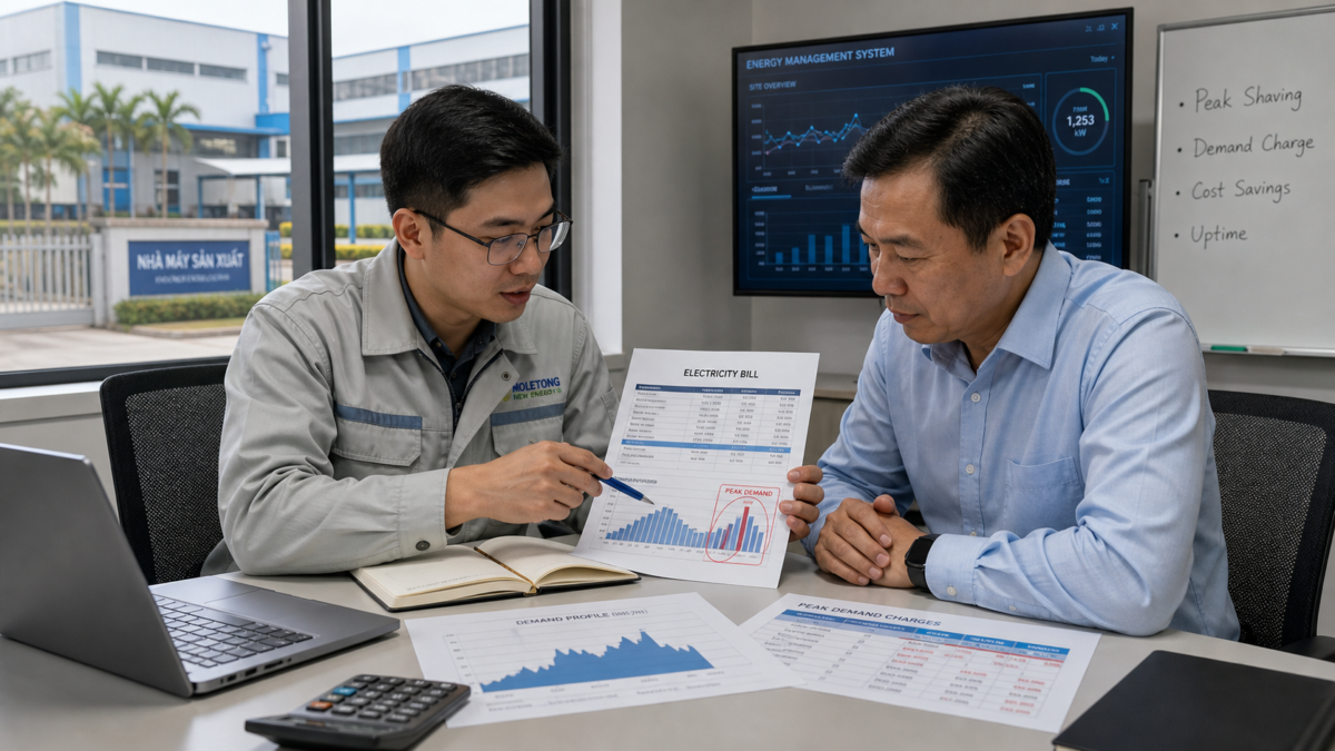 An engineer and a factory manager discussing electricity bills to identify peak demand charges.