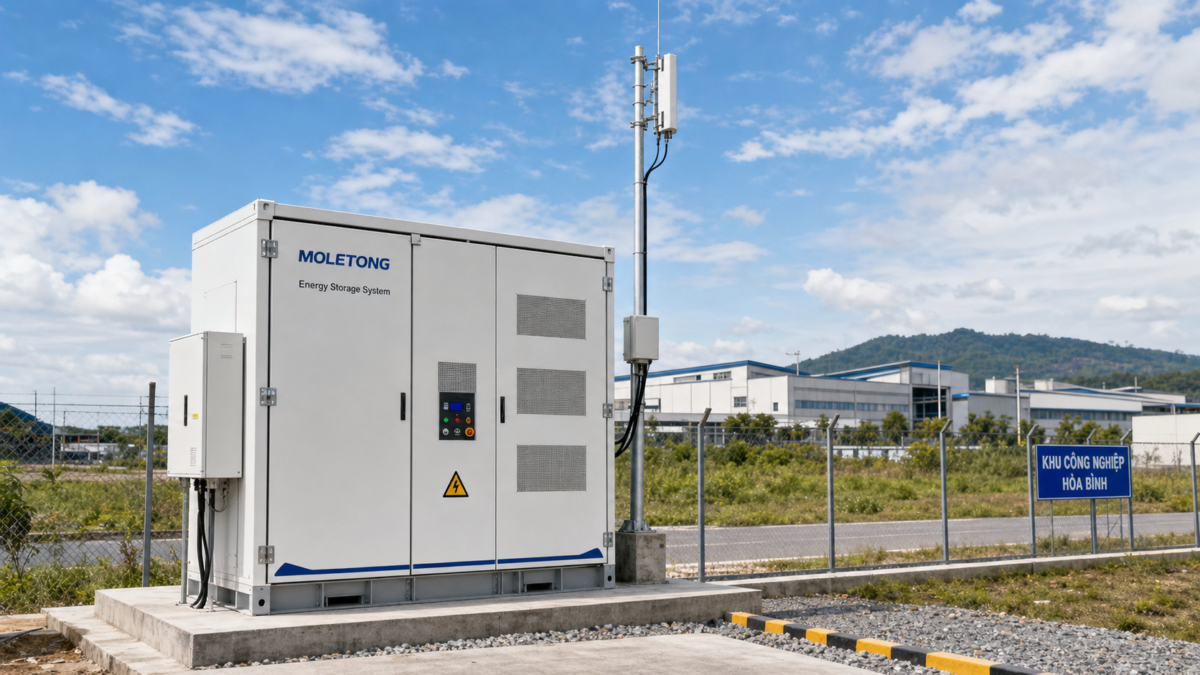 A Moletong battery energy storage cabinet installed in a remote Vietnamese industrial park with a visible cellular antenna.