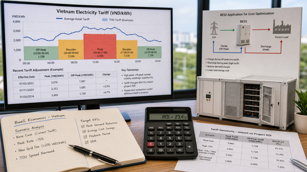 A chart showing electricity price fluctuations in Vietnam with a calculator and BESS diagram nearby.
