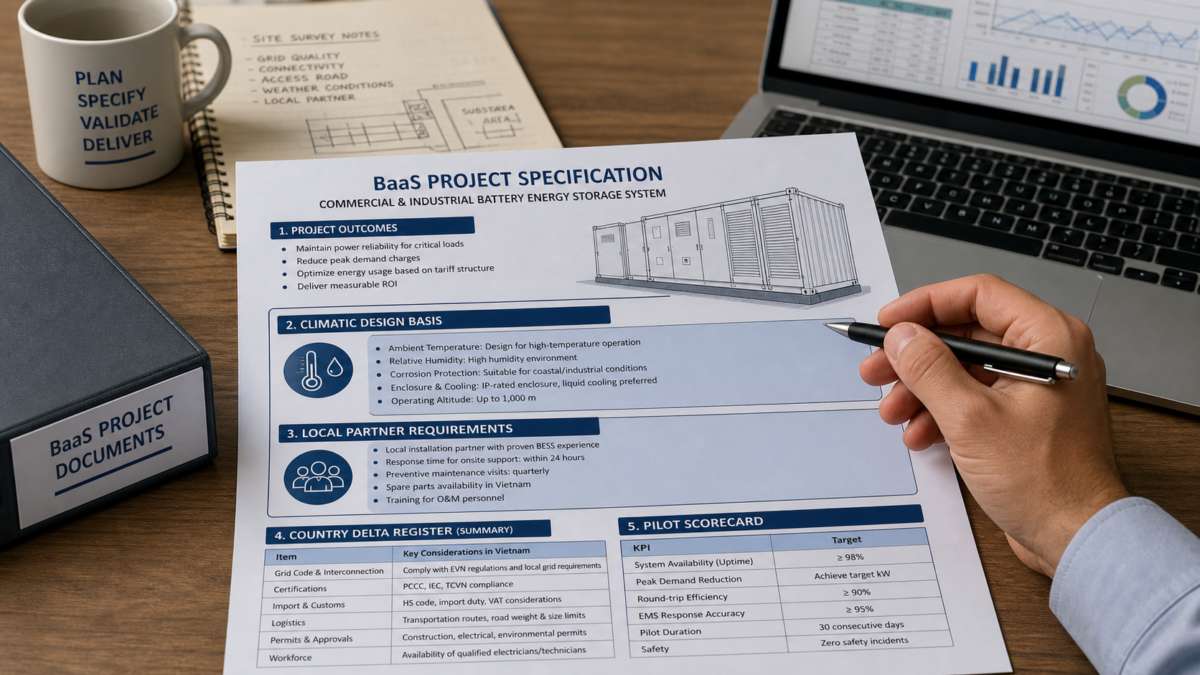 A technical specification document on a desk highlighting sections on climate basis and local partner requirements.