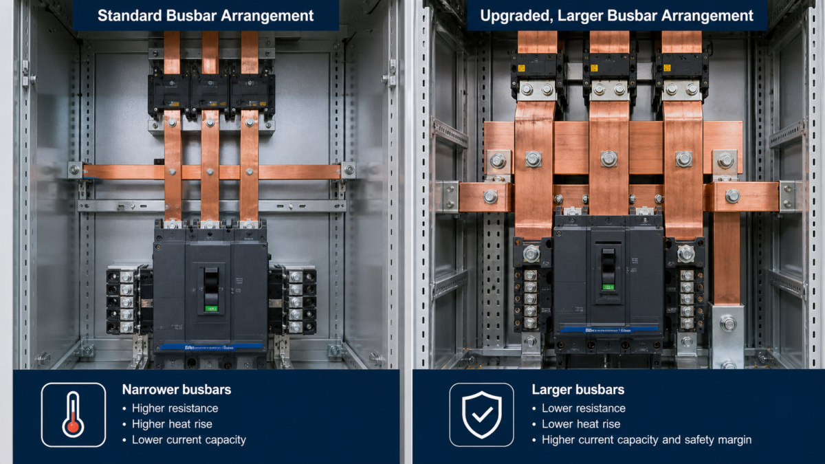 A split-screen diagram showing a standard busbar arrangement versus an upgraded, larger one inside a low-voltage panel.