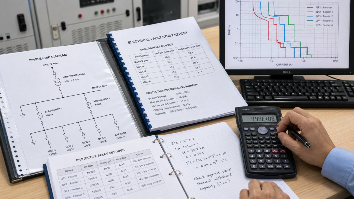An engineer's desk with a single-line diagram, a fault study report, and a calculator for electrical analysis.