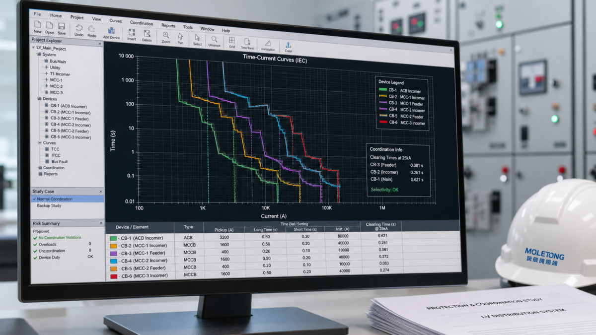 A protective relay's time-current curve graph on a computer screen showing coordinated trip times for different breakers.