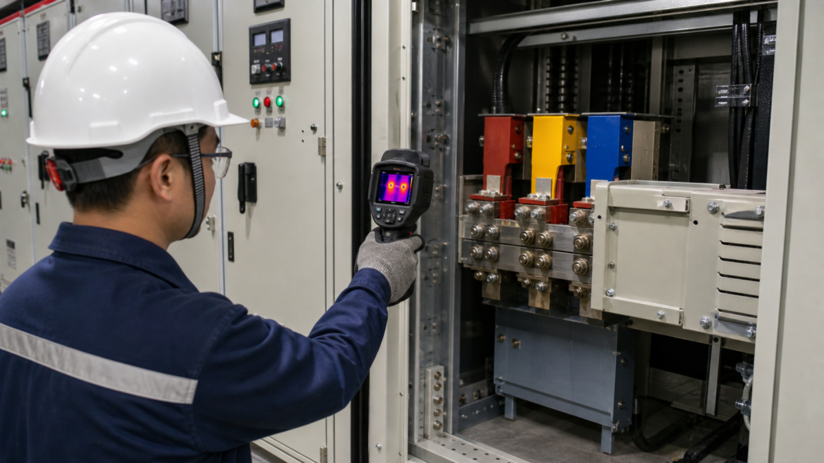 A maintenance technician pointing a thermal scanner at an energized bus duct connection to check for hot spots.