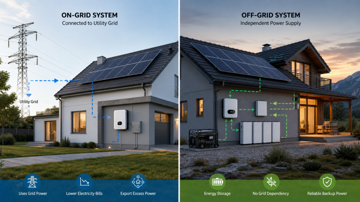 A split-screen view showing a home connected to the grid and another home powered independently by off-grid solar and batteries.