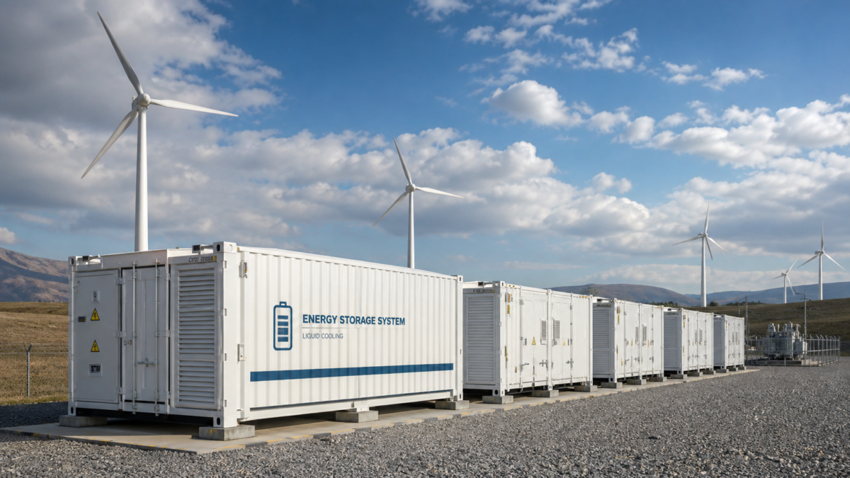 A large-scale containerized battery energy storage system operating alongside massive wind turbines under a partly cloudy sky.