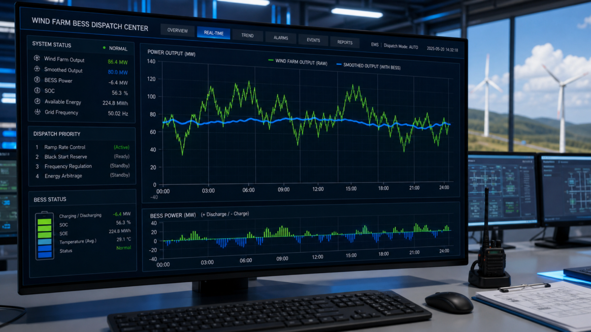 A control screen displaying a fluctuating green line for wind power and a steady blue line showing smoothed output from the battery system.