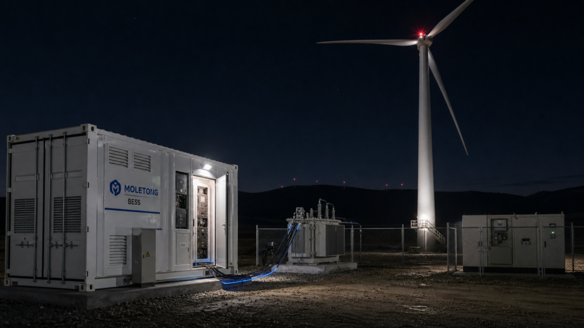 A Moletong containerized BESS unit actively providing power to restart a silent wind turbine in an isolated, dark setting.