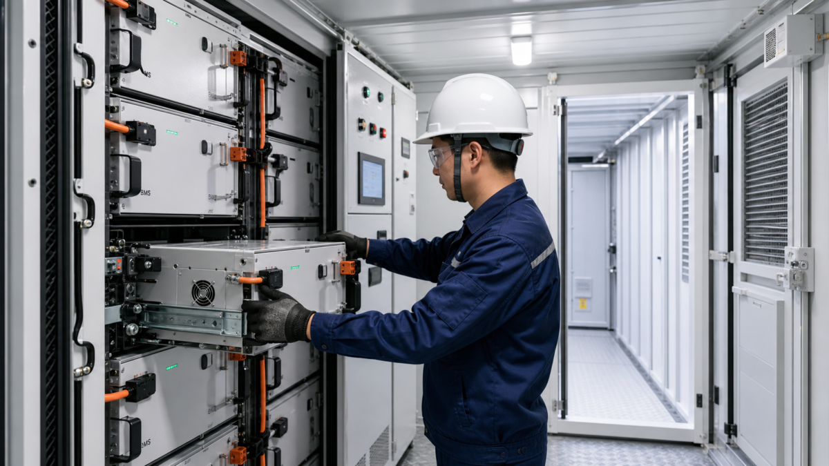 An engineer easily accessing a modular battery rack inside a clean, well-lit containerized system for routine service.