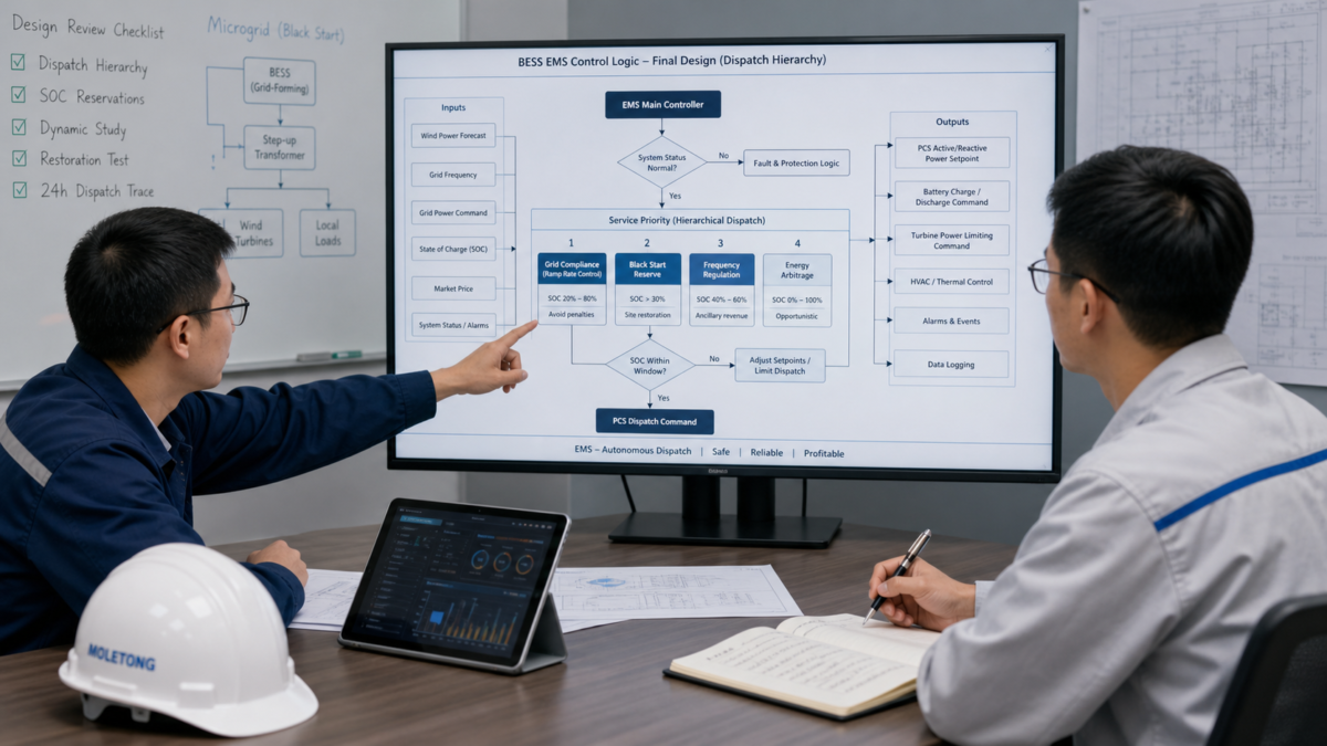 Two engineers reviewing a detailed control logic flowchart on a monitor during a final design review meeting for an energy project.