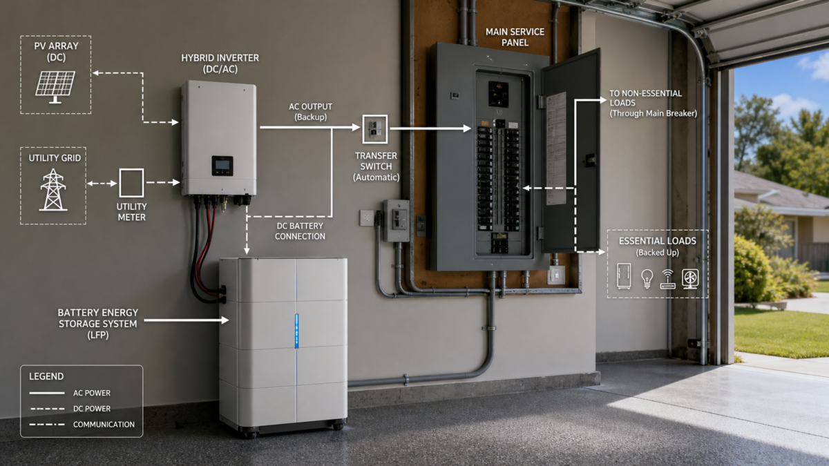 A technical single-line diagram overlaid on a photo of a home's electrical panel and garage.