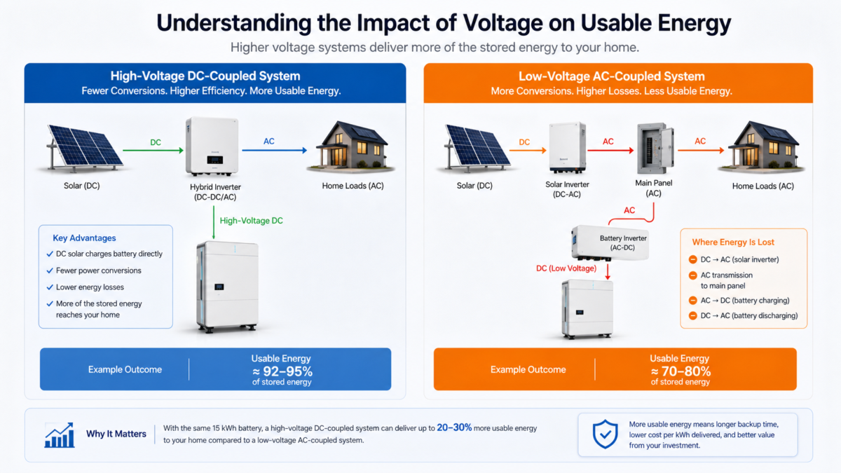 An infographic comparing a high-voltage battery's efficiency to a low-voltage battery's energy loss.