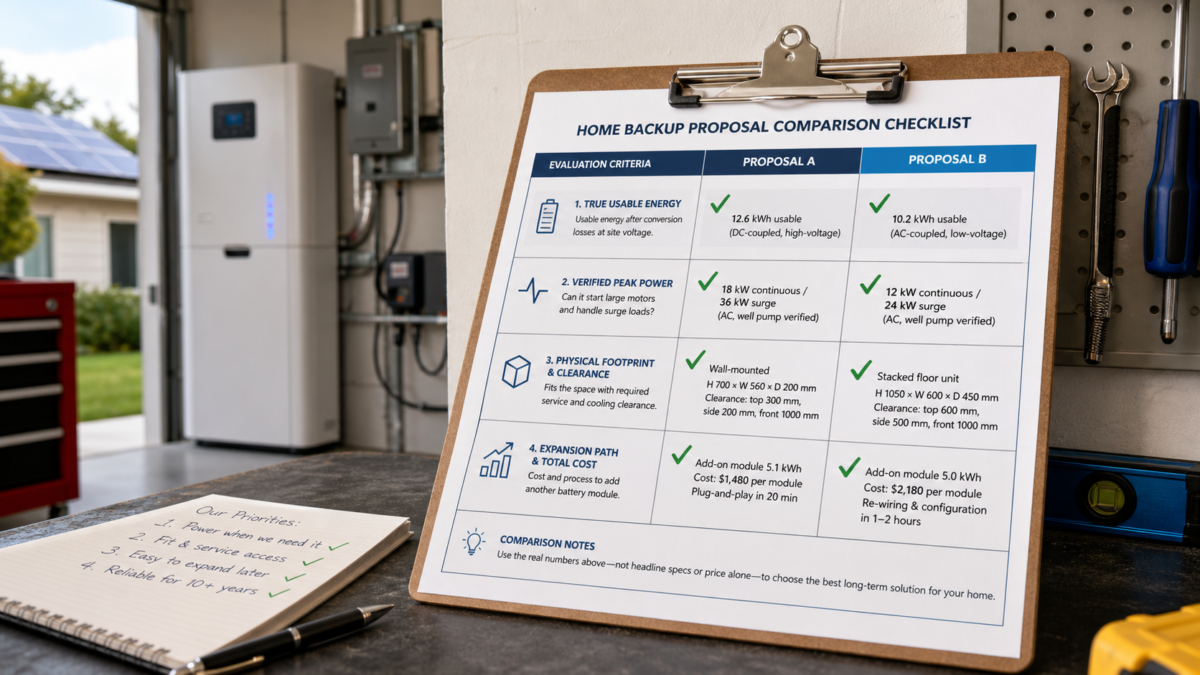 A checklist comparing two different home battery proposals side-by-side on a clipboard.