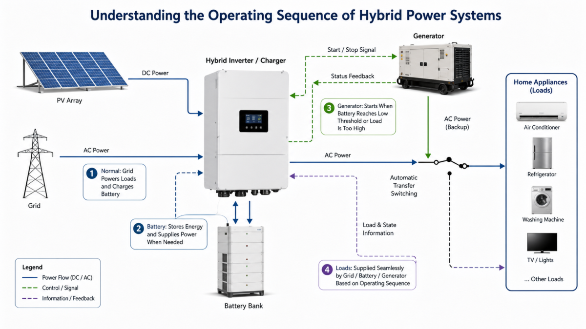 A flowchart diagram illustrating the complex interaction points between a hybrid inverter, batteries, a generator, and home appliances.