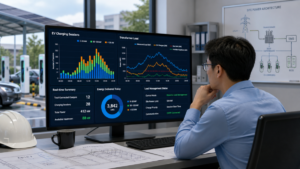 A technical buyer analyzing graphs of EV charging sessions and transformer load on a computer screen.