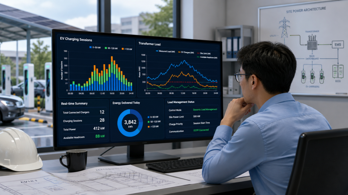 Data-Driven Evaluation of EV Load Management Systems. A technical buyer analyzing graphs of EV charging sessions and transformer load on a computer screen.