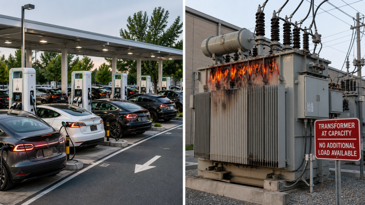 Visualizing the Core EV Charging Grid Constraint. A split-screen view showing a busy EV charging station on one side and an overloaded electrical transformer on the other.
